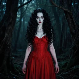 in the style of brandon woelfel, artgerm, full body, pretty alyson hannigan, evil dead demon, evil dead movie, red dress, brandon woelfel, symmetrical eyes, symmetrical face, long curly black hair, trees, forest, branches, brandon woelfel, cinematic lighting, evil dead creature, scary