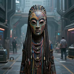 hyper realistic wide shot of an intricately detailed african masked cyborg with lots of thick long braids and electrical cables standing in the middle of a broad cyberpunk background, perfect face, fine details, colorful patterns, studio lighting, subtle shadows, art by tim okamura and karol bak, canon eos r 3, telephoto lens, sigma 5 0 0 mm f / 5, iso 2 0 0, 1 / 1 6 0 s, 8 k, raw, unedited, in - frame