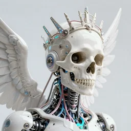 ai biomech, ethereal ultralight robot - skull with crown mechanism, quantum physics, angelic and unsettling, wires, veins, ferrofluid, bismuth, style blend of hideo kojima, shepard fairey, and botticelli, city backdrop is a blend of the vatican, neo - andean architecture and brutalism, 4 k photorealistic, ultra fine inklines