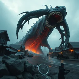 movie frame still from live action lovecraftian sea monster attacking town, 8 k, ultra wide angle, zenith view, greg rutkowski, kim jung gi