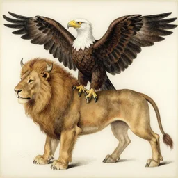 a creature with the body and eyes of a man, with the beak of an eagle, the mane of a lion, and the horns of an ox. drawn by francis bacon and da vinci