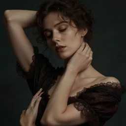 detailed cinematic moody colors studio portrait of a victorian lady with a sensual pose with a blurred face, high quality by jeremy mann, only one head single portrait