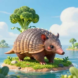 portrait of an armadillo on a beautiful island with broccoli growing, highly detailed, fantasy style, artstation, 8 k
