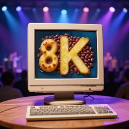 photo still of a 1 9 9 6 computer made of potato and baked beans, 8 k, live concert lighting, mid shot