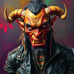 an apocalyptic scifi orcish punk rock biker character posing for a professional photo, psychedelic vibrant colors, highly detailed oil painting by michael whelan art, futuristic punk rock fashion, perfect face, sharp focus, detailed eyes, realistic, leather jacket, 8 k cover art