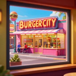 view through window, a burger city, very detailed, very colorful, vibrant, 8 k, photorealistic, octane render