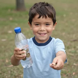 a 1 0 year old happy argentina boy proudly holding a plastic bottle and some coins into the camera