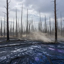 a dry and dead forest in an ocean of iridescent oil, coal, dust, wind, advertising photography