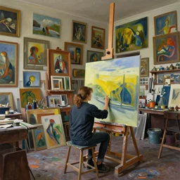 painting of an artist, creating in her studio alone, in a huge eccentric studio filled with lots of incredible art, in the style of edward hopper