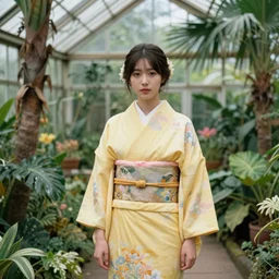 photograph of a young woman wearing a yellow kimono in a tropical greenhouse, Carl Larsson, James Gurney, John William Waterhouse, John Singer Sargent, extremely detailed, 4K