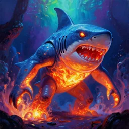 glowing magma-filled underwater gigantic shark enemy monster, metroid game boss concept art, rainbow HD oil painting, intimidating