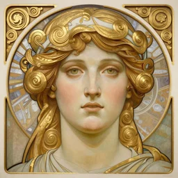 realistic detailed face portrait of Athena by Alphonse Mucha, Greg Hildebrandt, and Mark Brooks, gilded details, spirals, Neo-Gothic, gothic, Art Nouveau, ornate medieval religious icon