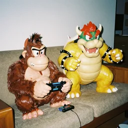 a gritty photo made with a disposable camera of my living room where a real life Donkey Kong sits next to a real life King Bowser on the couch, while playing a video game