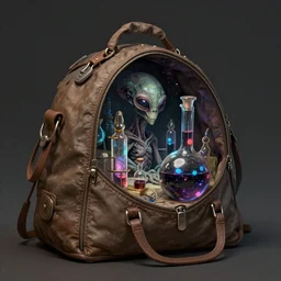 Long shot of  An alien universe  inside ampoules and alambics in a surreal ancient doctor's bag, trending on artstation