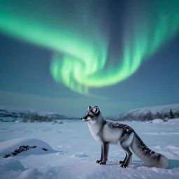 arctic fox watching aurora borealis, snowblanked