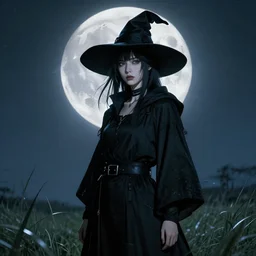 portrait of a cyberpunk young witch in a black robe standing in the grass withn full moon in the sky over her head, detailed face, highly detailed, by frank frazetta and boris vallejo