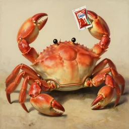 dutch master painting of a muscular crab holding ketchup packets in his claws, relaxing, happy, path traced, highly detailed, high quality, digital painting, by studio ghibli and alphonse mucha, beautiful details, soft and warm