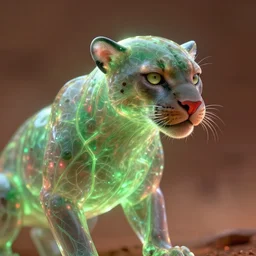 closeup portrait of a living goo on a ( transparentcyborg leshy panther with glowing veins ), on mars, cinematic light, looking to the side off camera, backlight glow, green bright red, mist, by mikhail vrubel, by philippe druillet, by peter elson, by gerald brom, muted colors, extreme detail, trending on artstation, 8 k