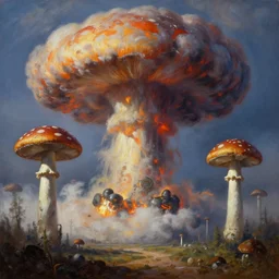mushroom clouds and nuclear bombs, the end of the world, oil painting by Thomas Kinkade, detailed, 4k