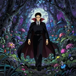 Vampire traveling through a beautiful psychedelic world, horror, illustrated by Anato Finnstark and Hayao Miyazaki, trending on artstation