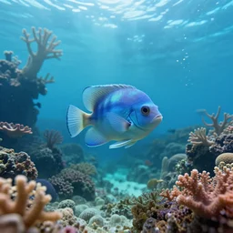 photo of an extremely cute alien fish swimming an alien habitable underwater planet, coral reefs, dream - like atmosphere, water, plants, peaceful, serenity, calm ocean, tansparent water, reefs, fish, coral, inner peace, awareness, silence, nature, evolution