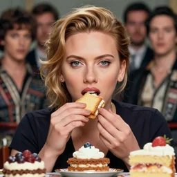 closeup portrait of tin toy scarlett johansson eating cakes, depth of field, zeiss lens, detailed, symmetrical, centered, fashion photoshoot, by nicoletta ceccoli, mark ryden, lostfish, earl nore, hyung tae, frank frazetta, breathtaking, 8 k resolution, extremely detailed, beautiful, establishing shot, artistic, hyperrealistic, octane render