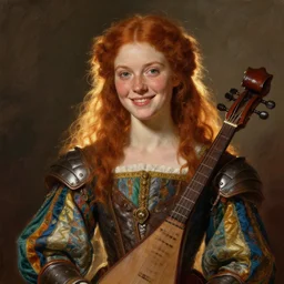 fantasy portrait of a happy young women looking with red hair and freckles, slight smile, renaissance colorful dress, leather armor, music instrument in hand, backlit, digital painting by William-Adolphe Bouguereau and and boris vallejo, trending on Artstation, sfw