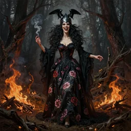 full body shot, malevolent witch facing front laughing maniacally, smoke hair, crow helmet, floral dress, dead forest on fire, fantasy, intricate, photorealistic, elegant, stylish, highly detailed, smooth, sharp focus, oil painting by rembrandt