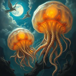 concept art of giant translucent glowing jellyfishes, lovecraftian, lots of teeth, melting horror, round moon, rich clouds, fighting the horrors of the unknown, high resolution, very detailed, roaring, volumetric light, mist, grim, fine art, decaying, textured oil over canvas, epic fantasy art, very colorful, ornate, anato finnstark