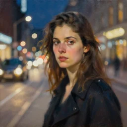 detailed portrait of a woman in the city street at night, bokeh, long exposure, painting by jeremy lipking