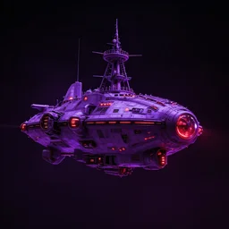 pirate space ship, purple glow, dark background with red highlights, futuristic, unreal engine, 8 k ultrarealistic