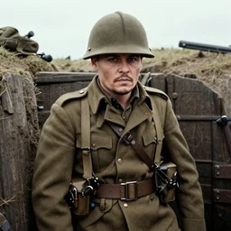 Johnny depp as a soldier, ww1 trench, war photo, film grain