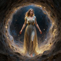 a beautiful painting of a fully clothed woman emerging from a stargate by francesca woodman by octane render blender 8 k particulate magic light