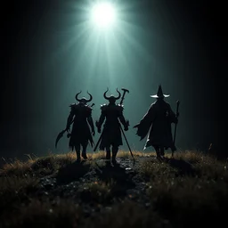 a demon a knight a samurai and a wizard walking away from the camera over a hill, depth of field, perspective, lens flare, from a distance, backlight, rays of shimmering light, tones of black, low contrast color, high contrast light, unreal engine 5, concept art