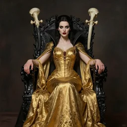 perfectly centered portrait of attractive vampire queen in gold gothic robe sitting on a throne of black bones, highly detailed painting by gaston bussiere, craig mullins, j. c. leyendecker, 8 k, mid shot