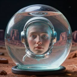 symmetric digital portrait, an astronaut's head is a transparent glass fish tank, of the circular space, monument valley, sharp focus, realistic scifi masterpiece, cinematic natural light, highly intricate details, 8 k, hdr, octane render