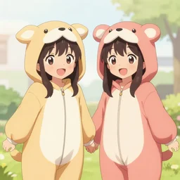 two excited and happy anime girls in animal themed onesies holding hands looking at us, illustrated