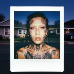 detailed color analog medium format photo made by harmony korine, polaroid portrait photo of person with body modifications and face tatoos in american suburbs background, rim light, shot at night with studio lights, high production value, intricate details, 8 k resolution, hyperrealistic, hdr, photorealistic, high definition, tehnicolor, award - winning photography, masterpiece, amazing colors,