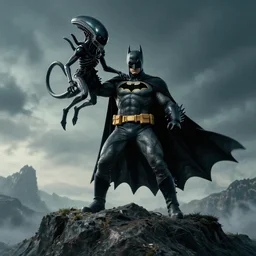 batman stands on a mountain dragging defeated alien in one hand. cinematic, atmospheric, trending on artstation, 8 k, hd, anatomically correct, wide angle.