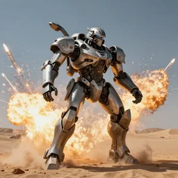hyperrealism photo - realistic vfx combat mech jetpack missles explosions desert landscape beautiful photography lifelike intense maximalist hyperrealism by victo ngai desert yoji shinkawa