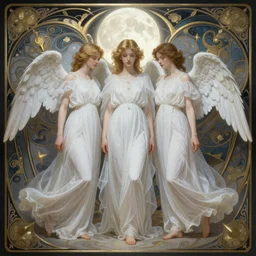 Angels in white gauze dresses, the glow of the moonlight, fantasy, intricate, elegant, highly detailed, digital painting, artstation, concept art, matte, sharp focus, illustration, art by Artgerm and Greg Rutkowski and Alphonse Mucha