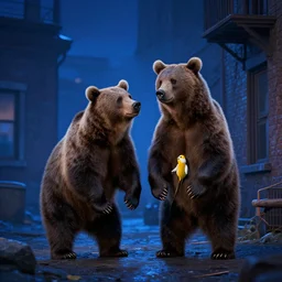 a brown bear and a yellow chicklet hanging out in the middle of an old city during the night, predominant color blue, realistic