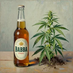 an alex colville painting of a bottle of beer next to a cannabis plant