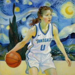 painting of an woman basketball player, a van gogh style, greg rutkowski, cg worker artstation