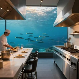 michelin star restaurant interior, kitchen pass an underwater view of pristine scottish seas with fish shoal, golden hour