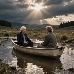 boris blank and dieter meier in a little boat in a puddle.
