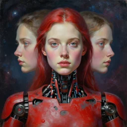 young female robot, award winning, portrait bust, symmetry, faded red colors, galaxy background, tim hildebrandt, wayne barlowe, bruce pennington, donato giancola, larry elmore, masterpiece, trending on artstation, cinematic composition, beautiful lighting, hyper detailed!!!, 8 k, oil on canvas