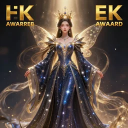fairy girl emperorit is decorated with long robes that fall like stars and wears a huge crown. fantasy art, photo realistic, dynamic lighting, artstation, poster, volumetric lighting, very detailed faces, 4 k, award winning, blender