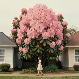 giant rhododendron flower head, woman walking between houses, surreal photography, cinema, realistic, symmetry, detailed, retro, wes anderson