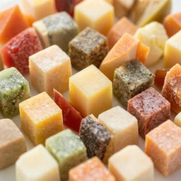 an assortment of food cubes